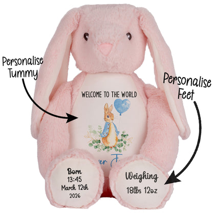 Pink plush bunny with customizable text on a white background STOCK-BUNNY-PINK