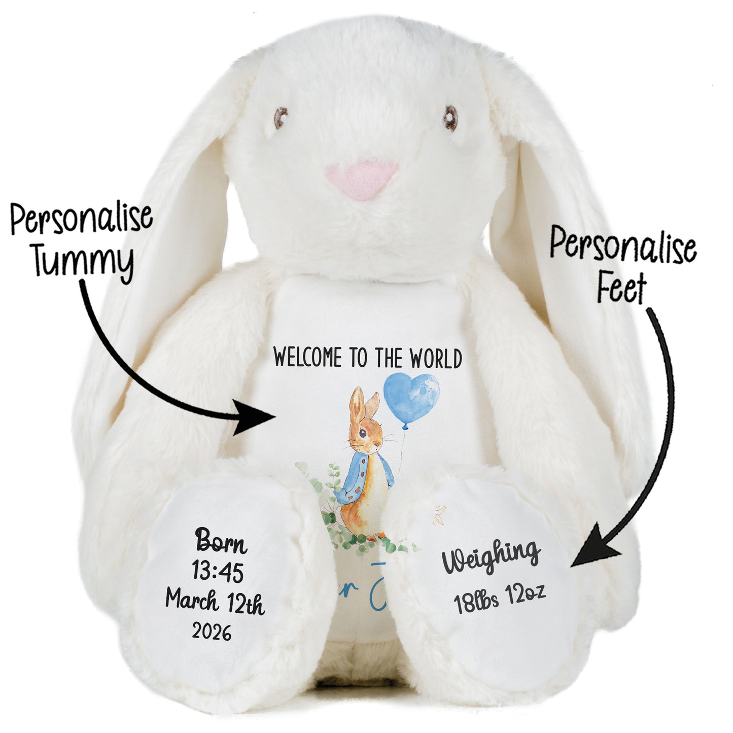 White plush toy with customizable text on a white background STOCK-BUNNY-WHITE