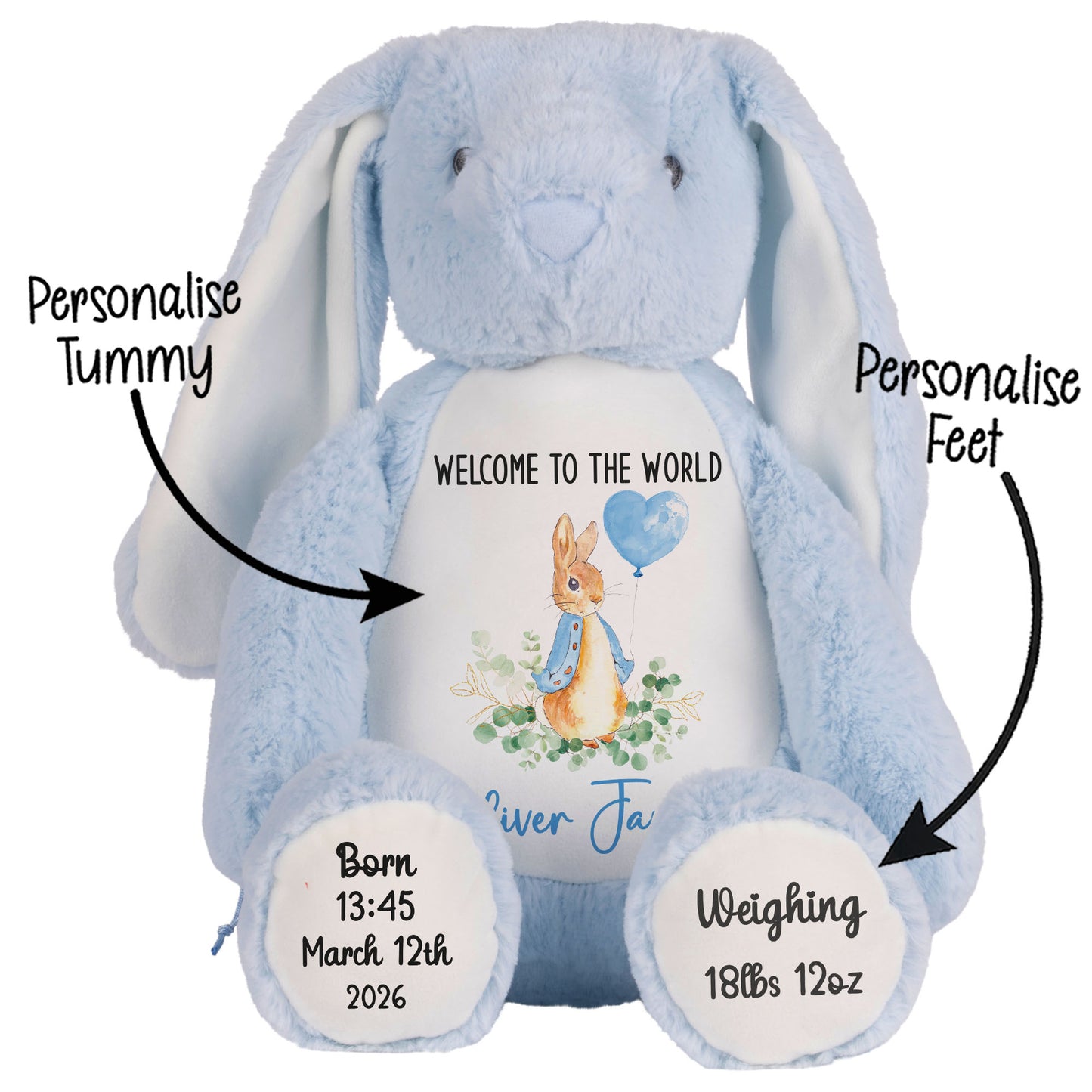 Blue plush bunny with personalized details on a white background STOCK-BUNNY-BLUE