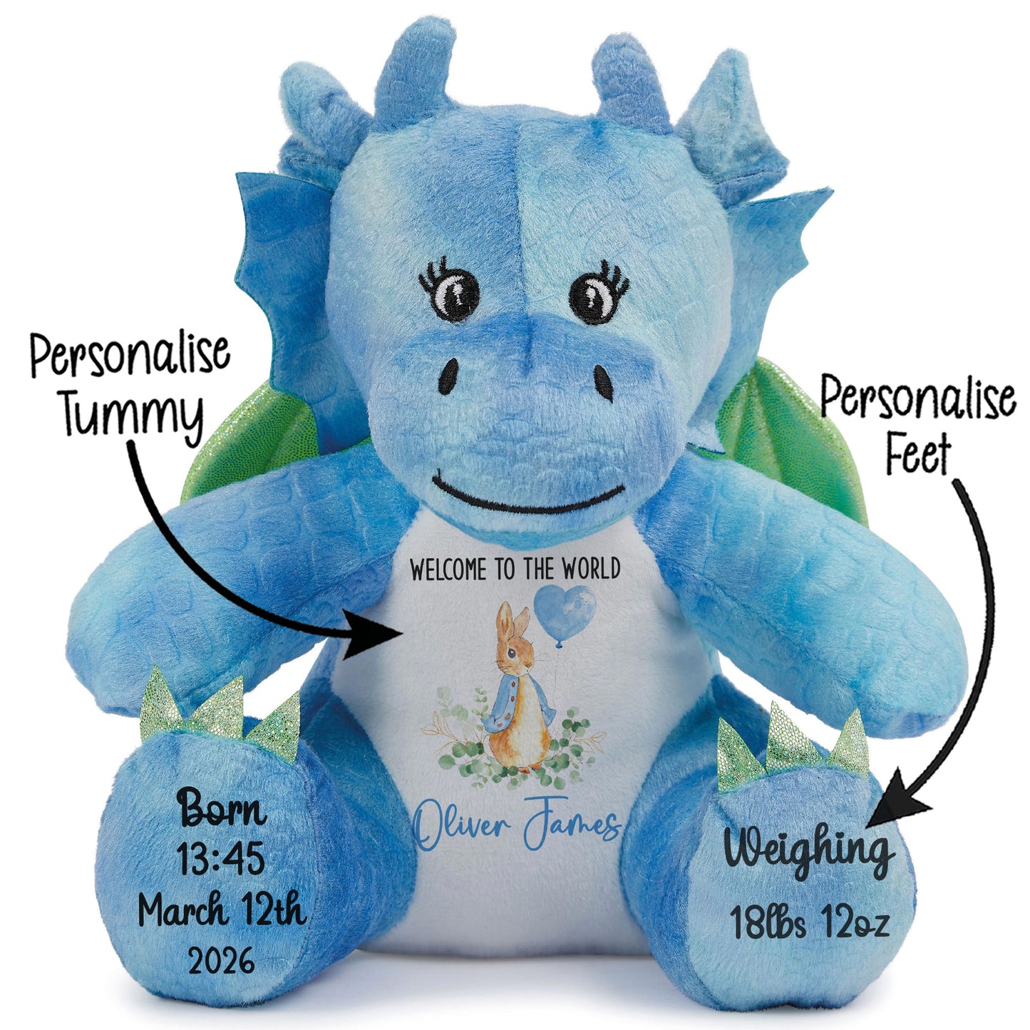 Blue dragon plush toy with customizable text on a white background STOCK-DRAGON