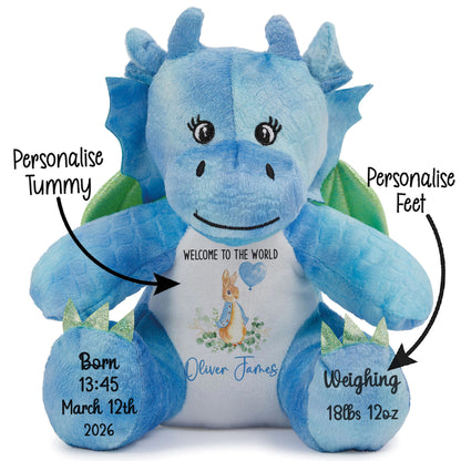 Blue dragon plush toy with customizable text on a white background STOCK-DRAGON