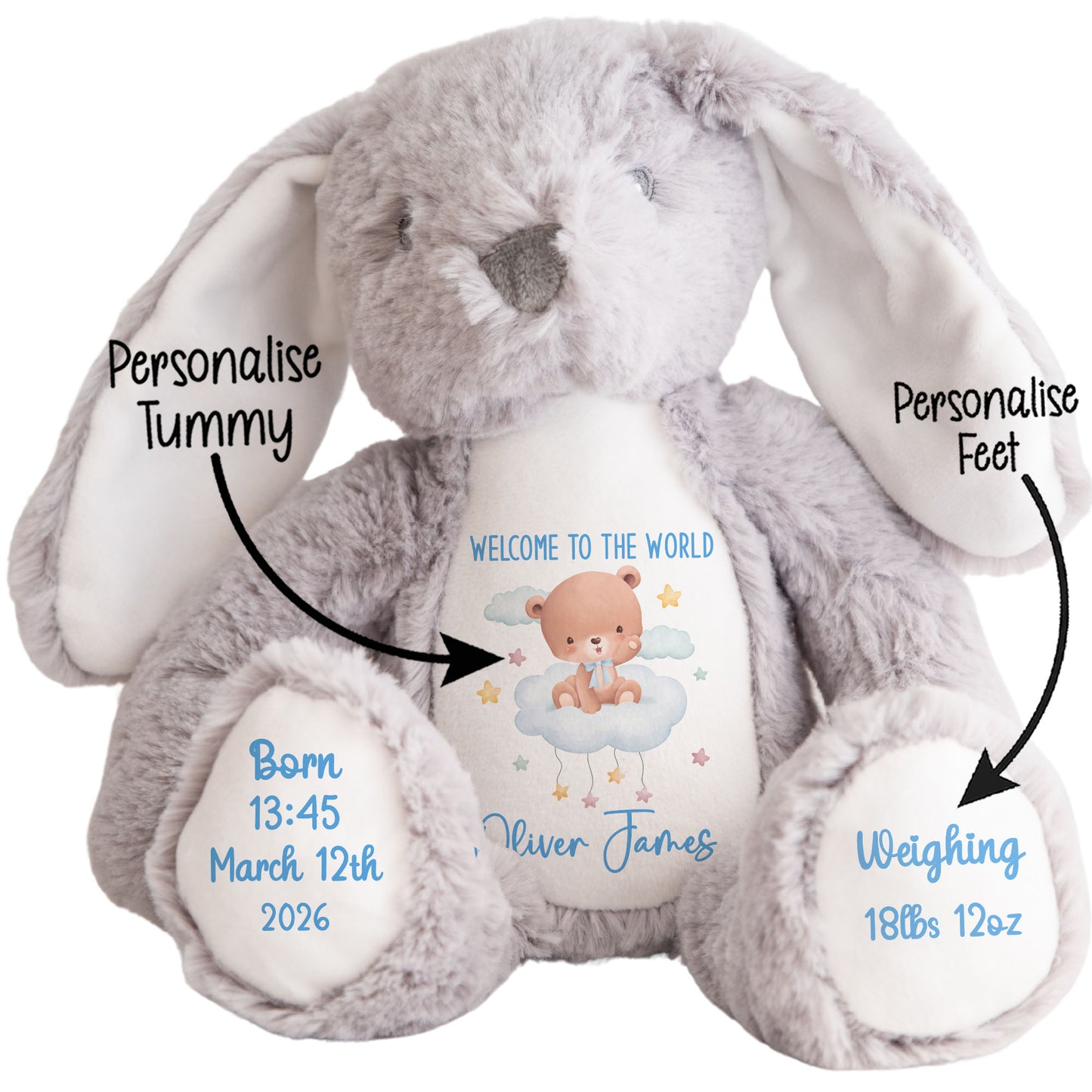 Blue Cloud Bear New Baby Personalised Teddy Bear