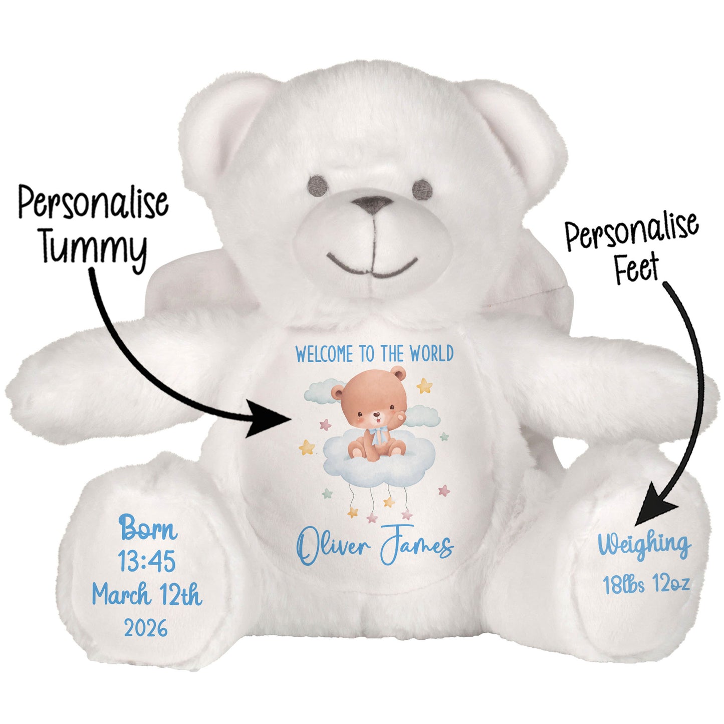 Blue Cloud Bear New Baby Personalised Teddy Bear