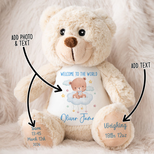 Blue Cloud Bear New Baby Personalised Teddy Bear