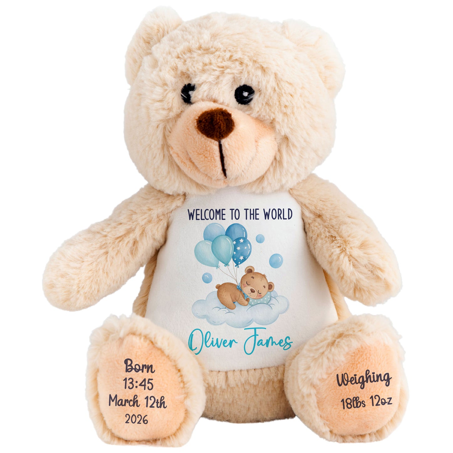 Blue Balloon Sleeping Bear New Baby Personalised Teddy Bear