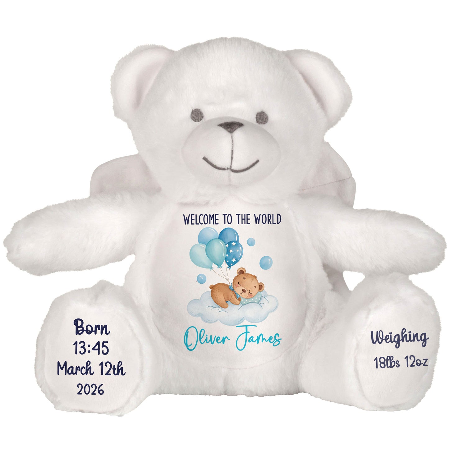 Blue Balloon Sleeping Bear New Baby Personalised Teddy Bear