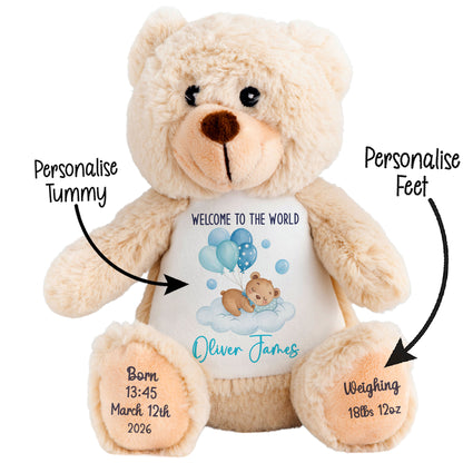 Blue Balloon Sleeping Bear New Baby Personalised Teddy Bear