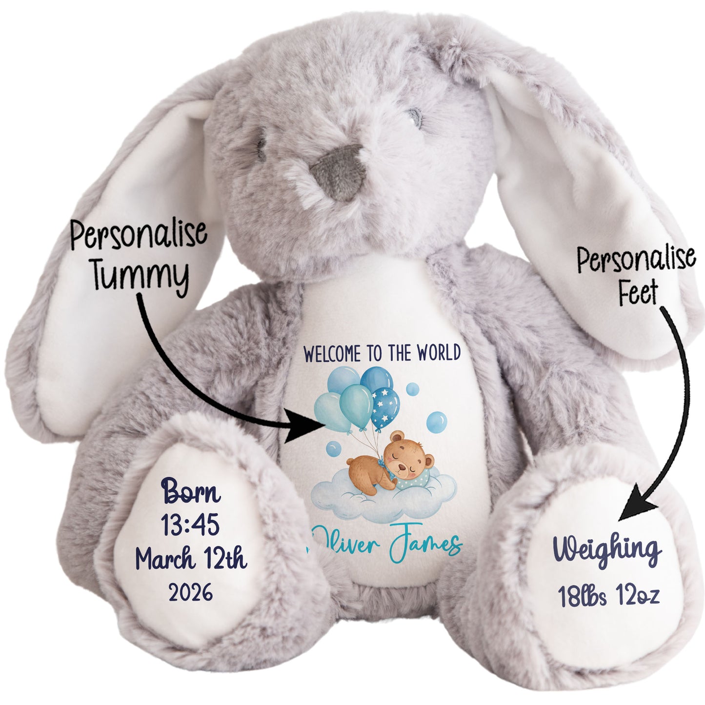 Blue Balloon Sleeping Bear New Baby Personalised Teddy Bear
