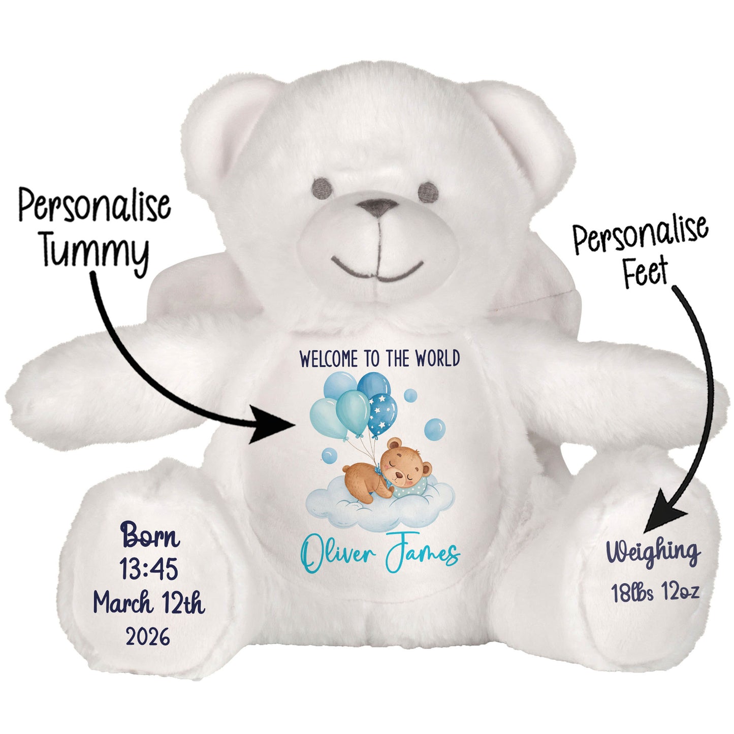 Blue Balloon Sleeping Bear New Baby Personalised Teddy Bear