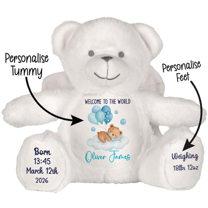 Blue Balloon Sleeping Bear New Baby Personalised Teddy Bear