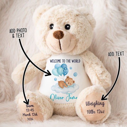 Blue Balloon Sleeping Bear New Baby Personalised Teddy Bear