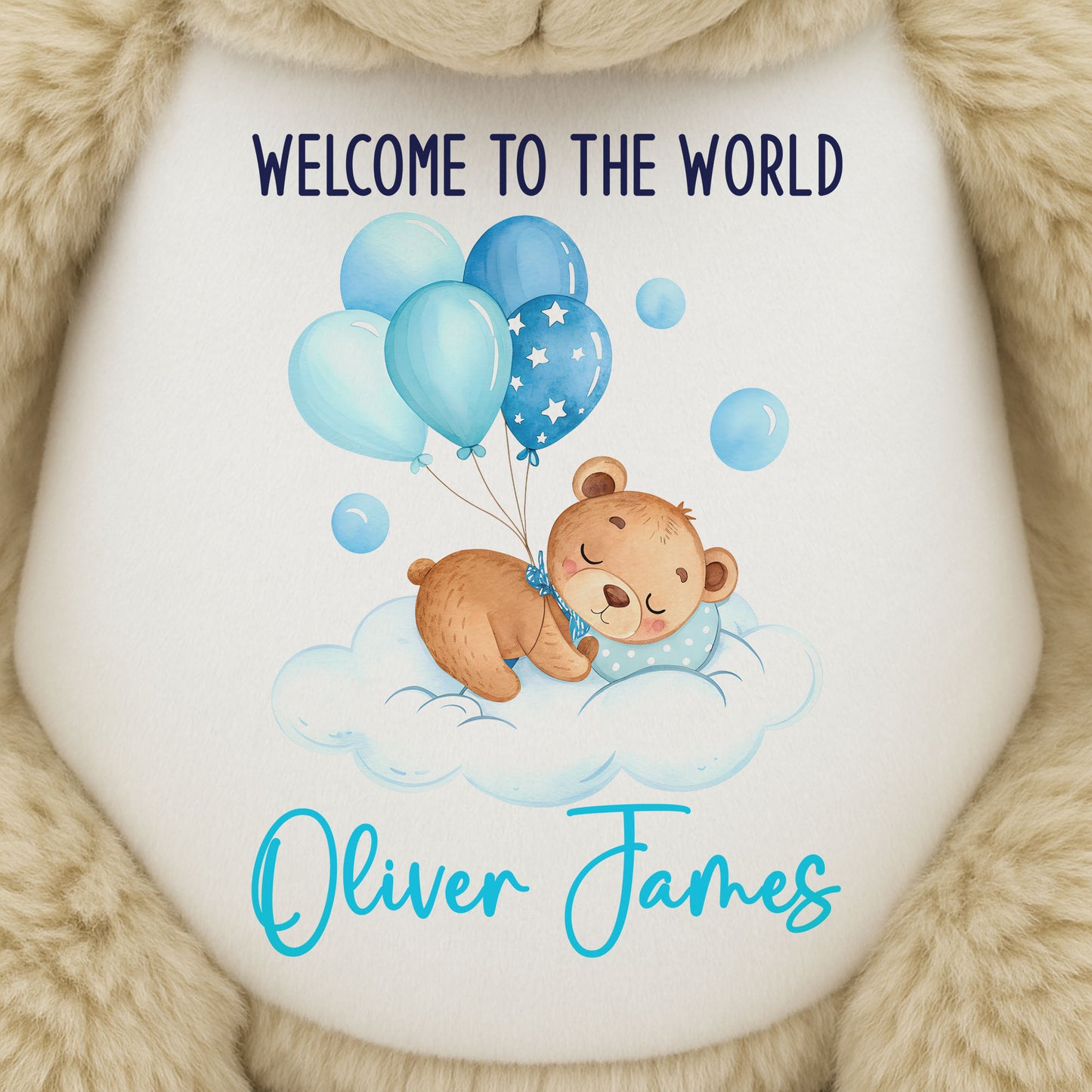 Blue Balloon Sleeping Bear New Baby Personalised Teddy Bear