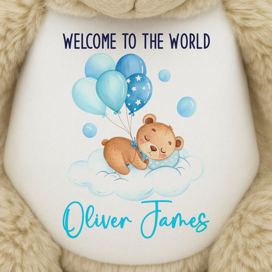 Blue Balloon Sleeping Bear New Baby Personalised Teddy Bear