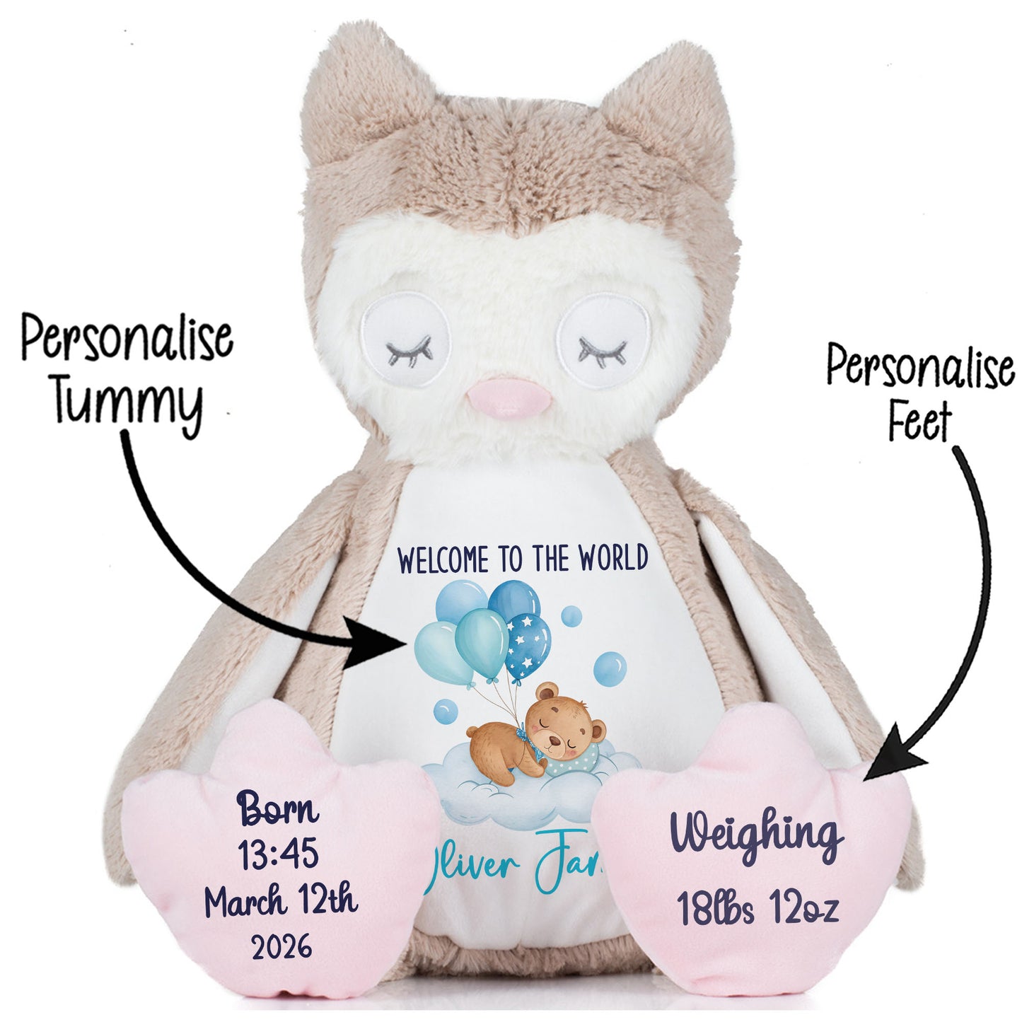 Blue Balloon Sleeping Bear New Baby Personalised Teddy Bear