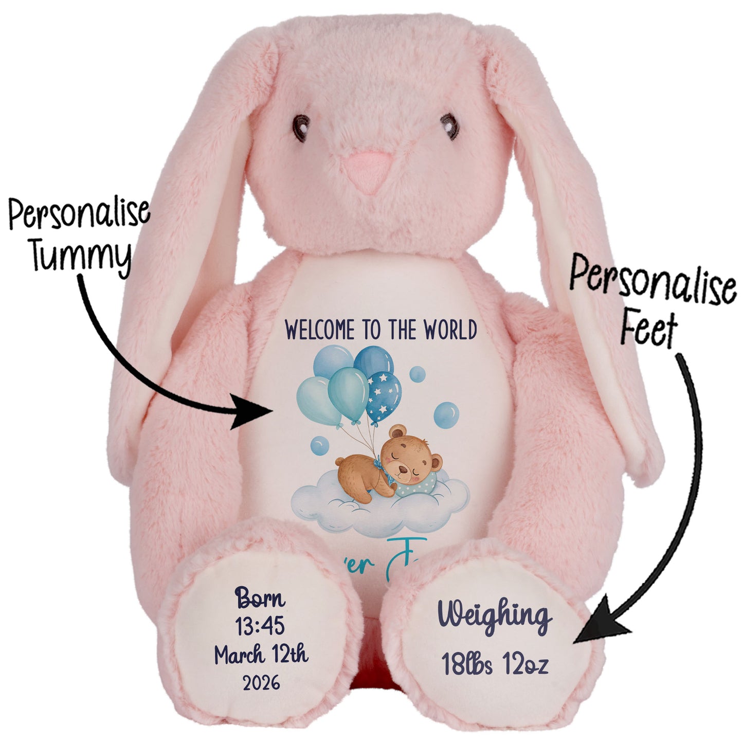 Blue Balloon Sleeping Bear New Baby Personalised Teddy Bear