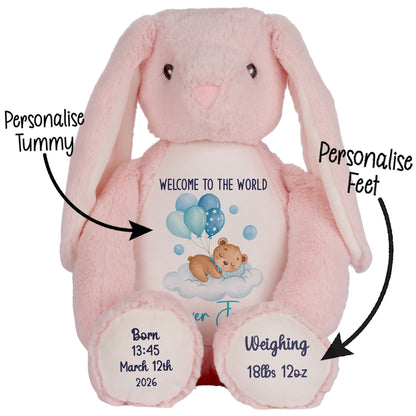 Blue Balloon Sleeping Bear New Baby Personalised Teddy Bear