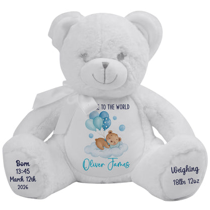 Blue Balloon Sleeping Bear New Baby Personalised Teddy Bear
