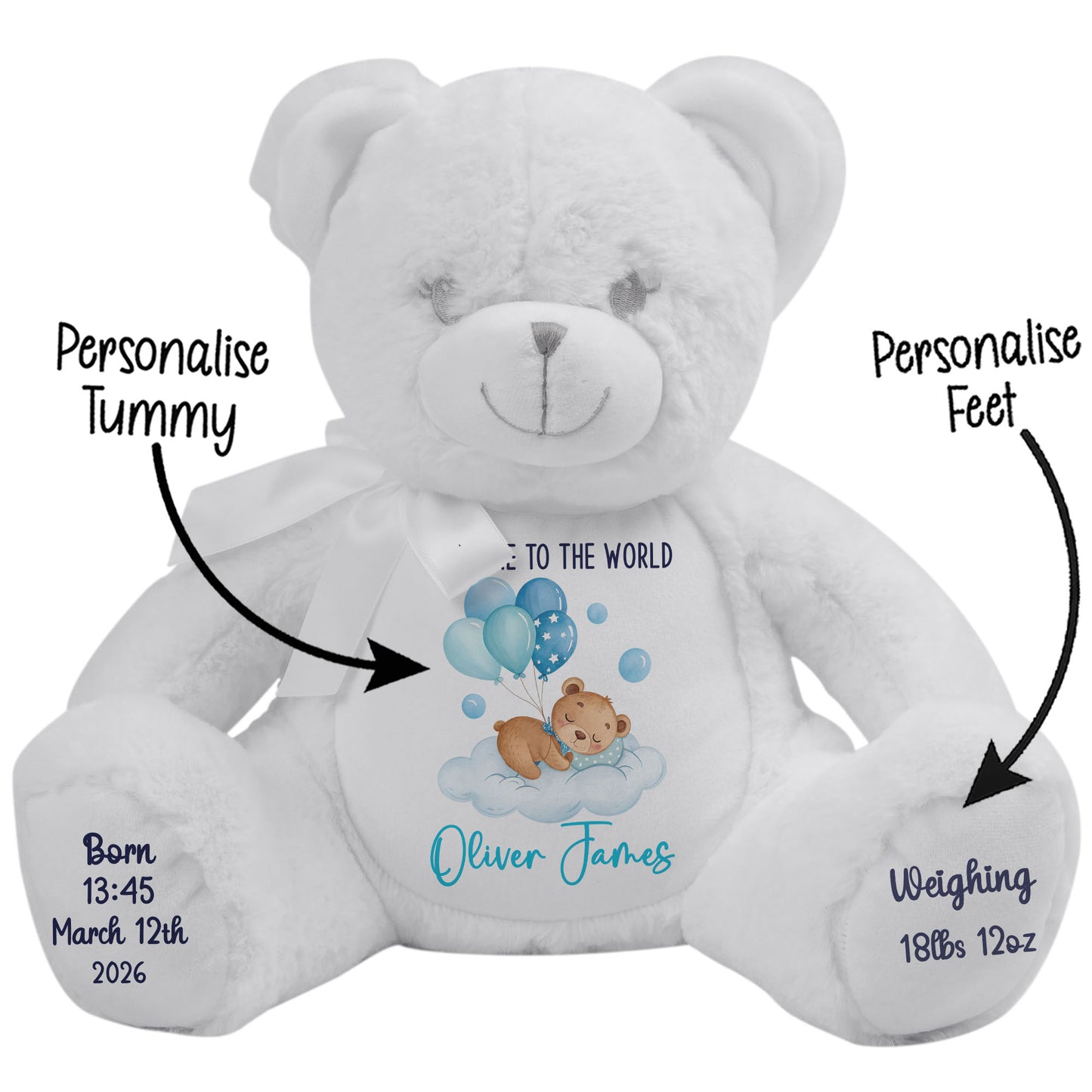 Blue Balloon Sleeping Bear New Baby Personalised Teddy Bear