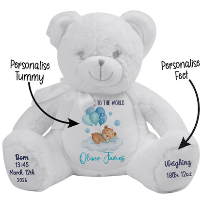 Blue Balloon Sleeping Bear New Baby Personalised Teddy Bear