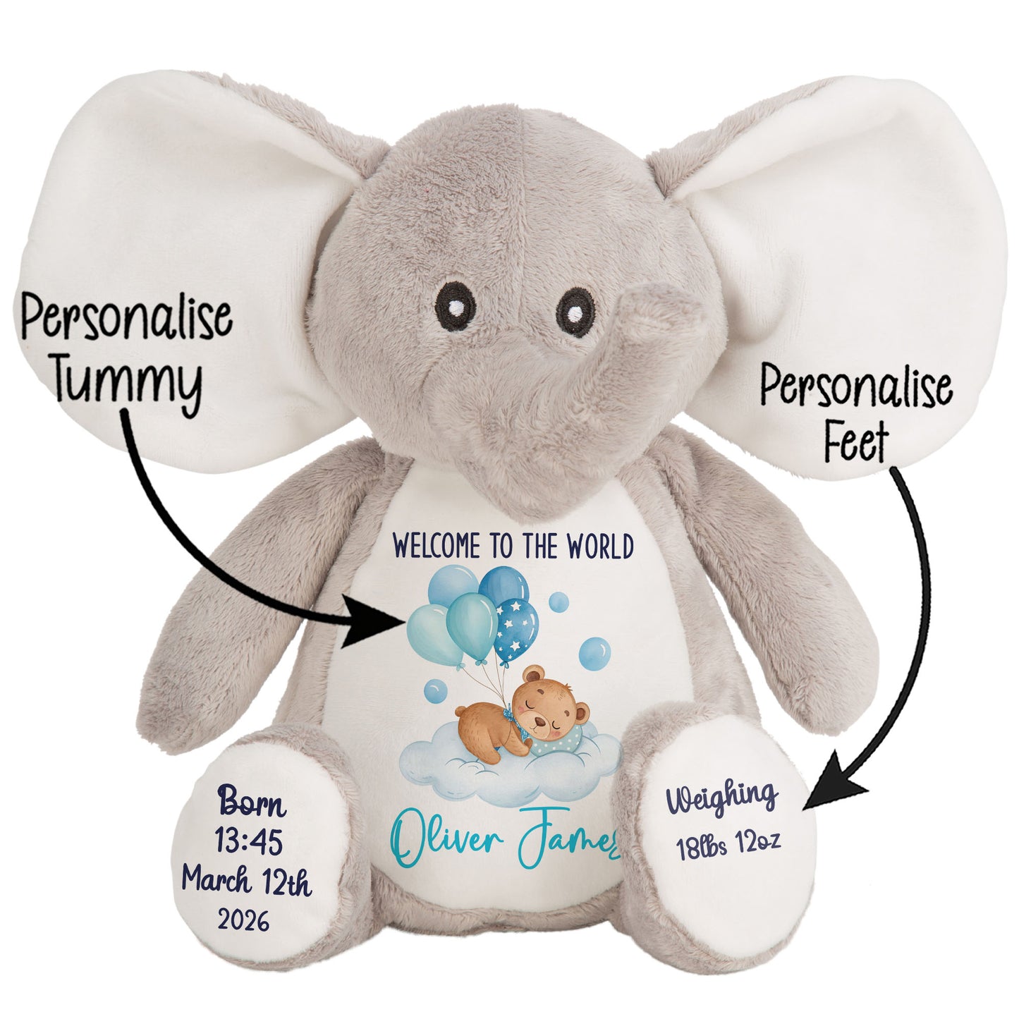 Blue Balloon Sleeping Bear New Baby Personalised Teddy Bear