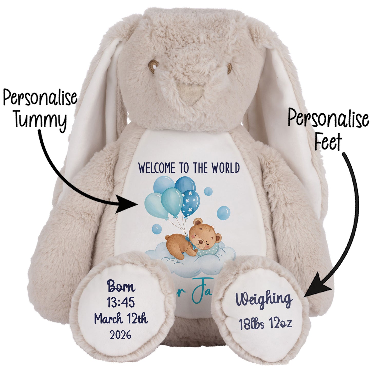 Blue Balloon Sleeping Bear New Baby Personalised Teddy Bear