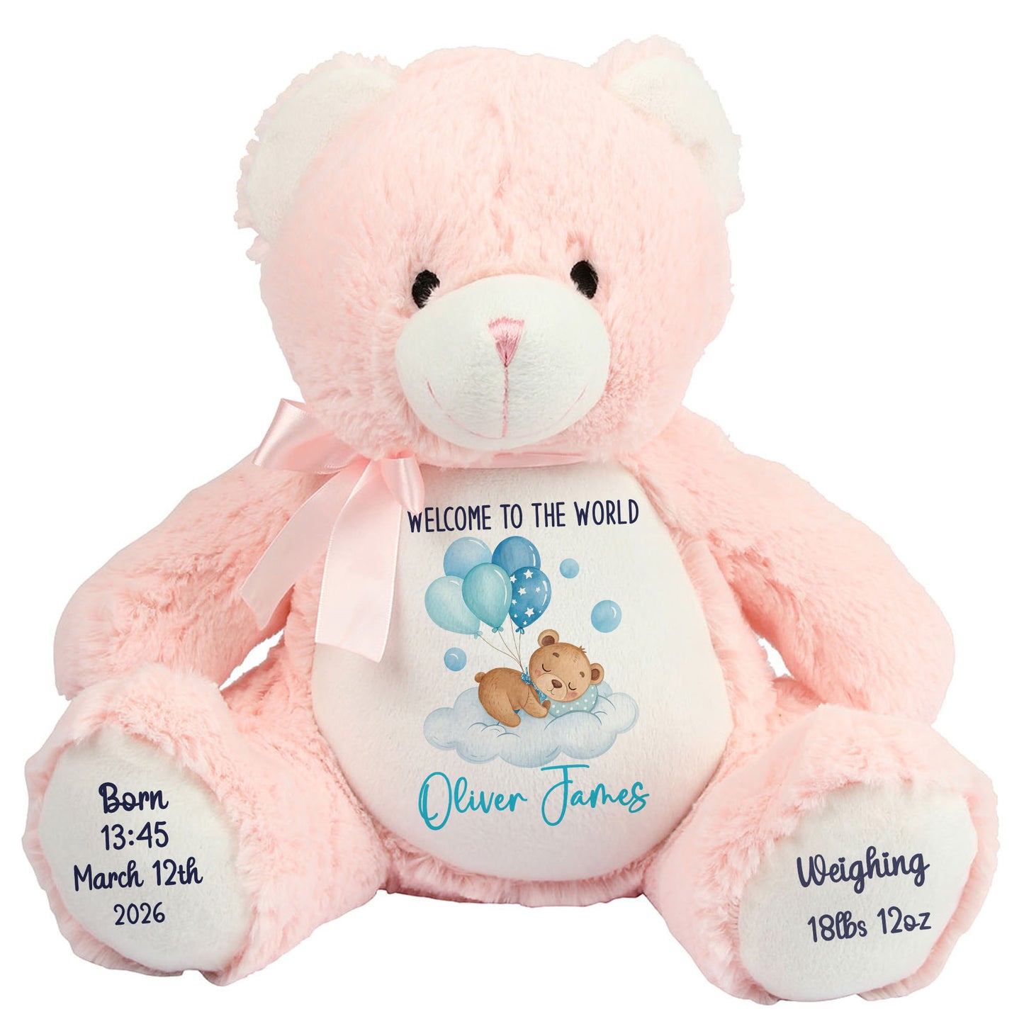 Blue Balloon Sleeping Bear New Baby Personalised Teddy Bear