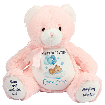 Blue Balloon Sleeping Bear New Baby Personalised Teddy Bear