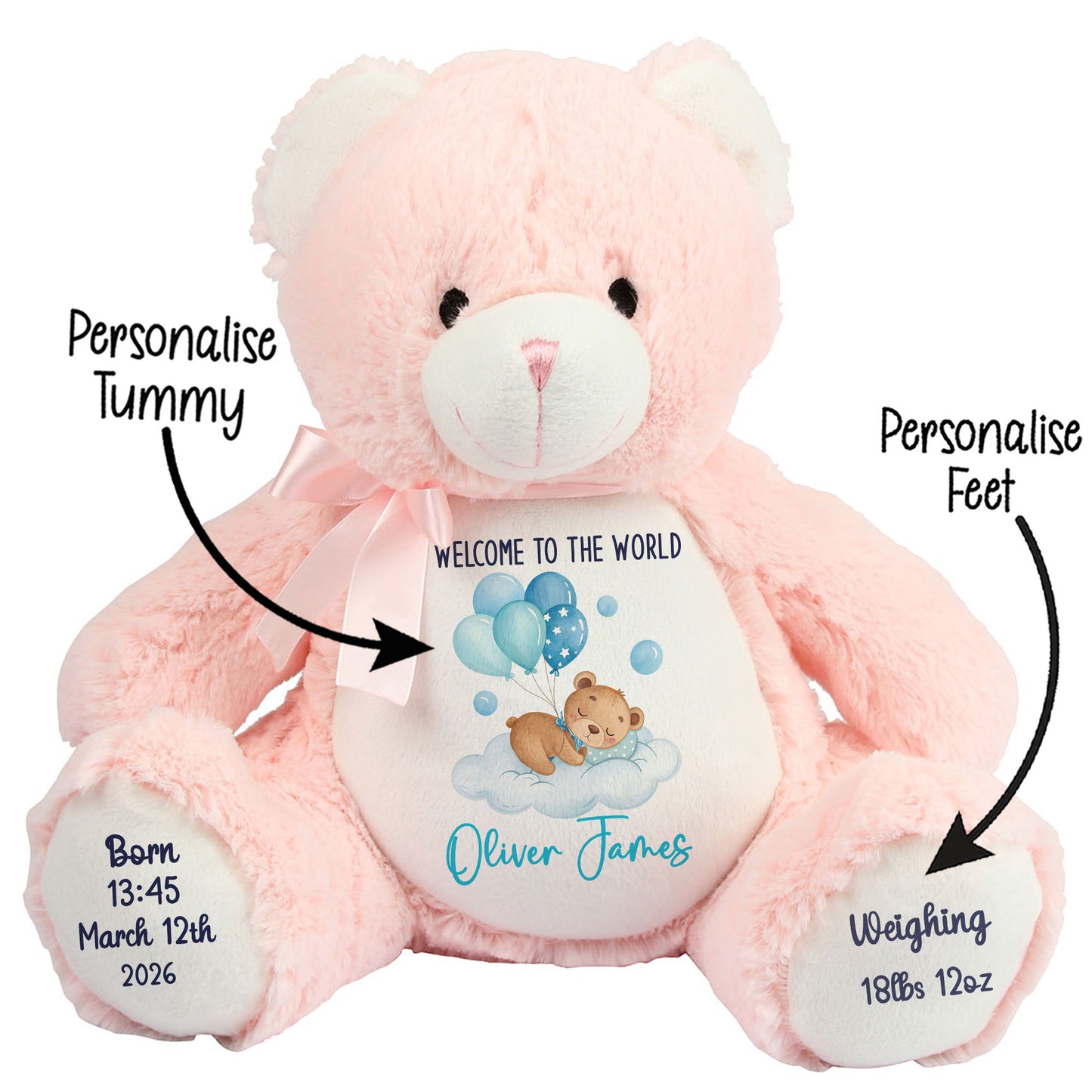 Blue Balloon Sleeping Bear New Baby Personalised Teddy Bear