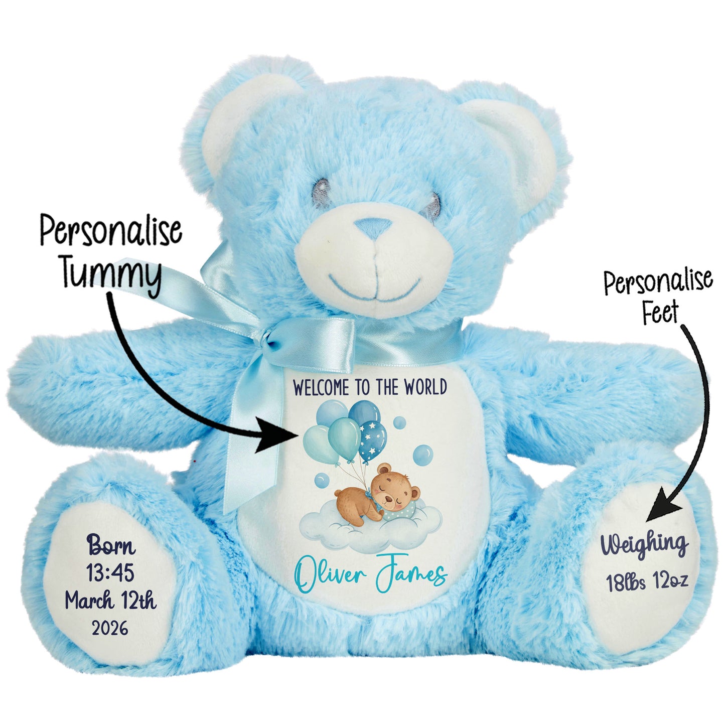 Blue Balloon Sleeping Bear New Baby Personalised Teddy Bear