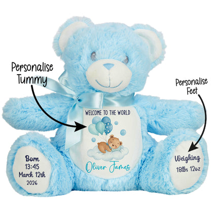 Blue Balloon Sleeping Bear New Baby Personalised Teddy Bear