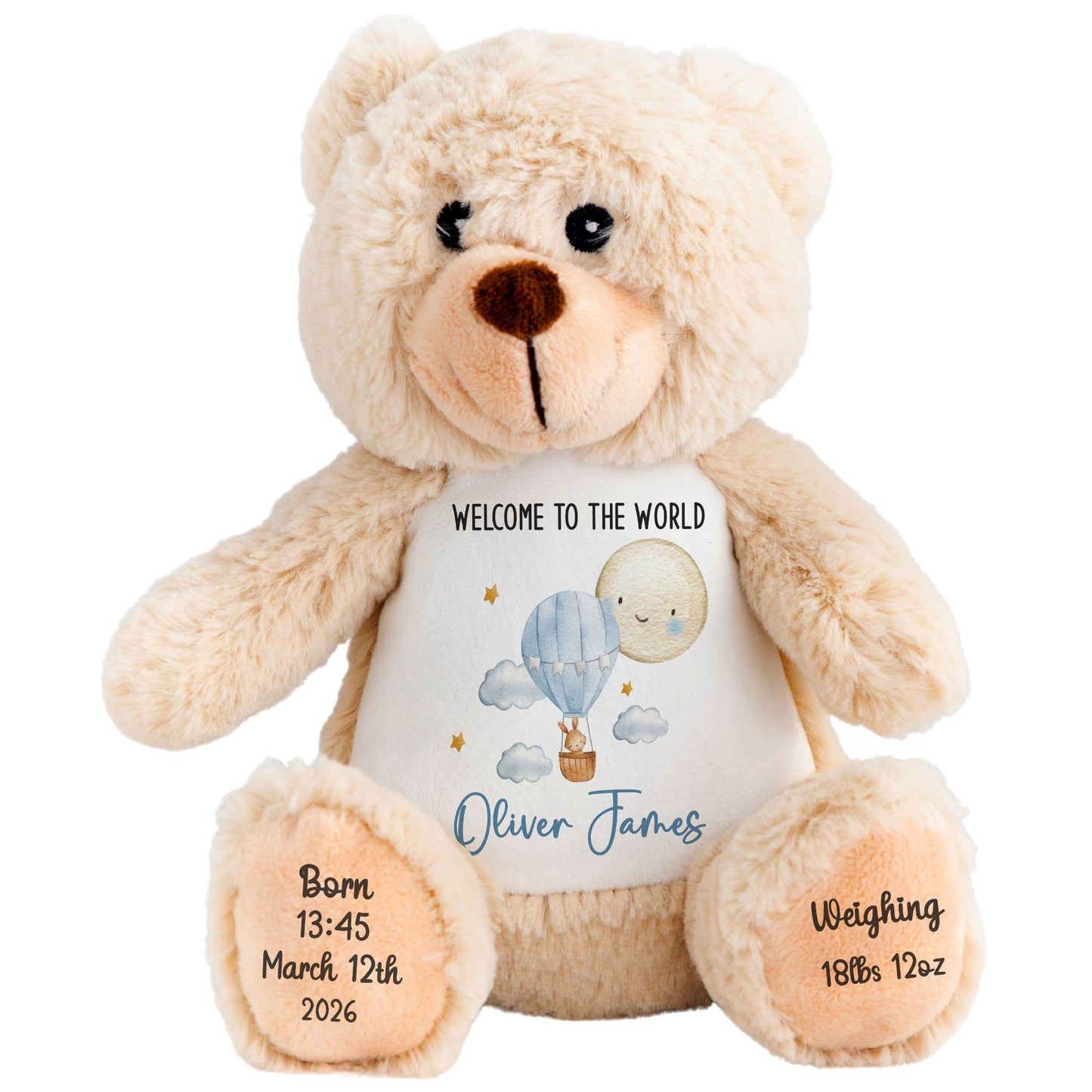 Blue Balloon & Moon New Baby Boy Personalised Teddy Bear