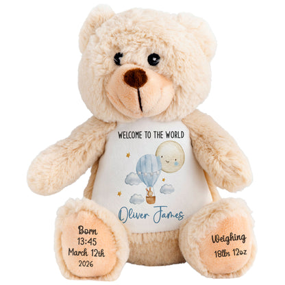 Blue Balloon & Moon New Baby Boy Personalised Teddy Bear