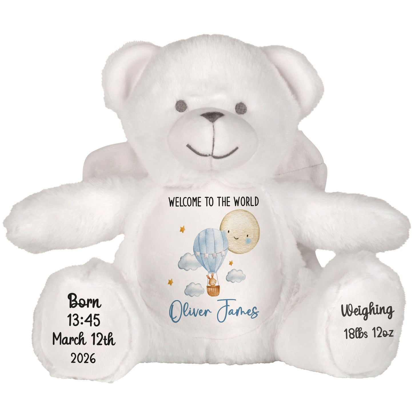 Blue Balloon & Moon New Baby Boy Personalised Teddy Bear