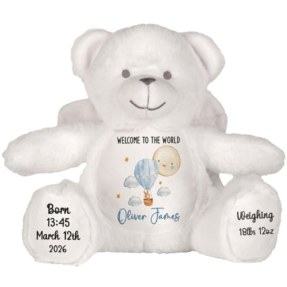 Blue Balloon & Moon New Baby Boy Personalised Teddy Bear