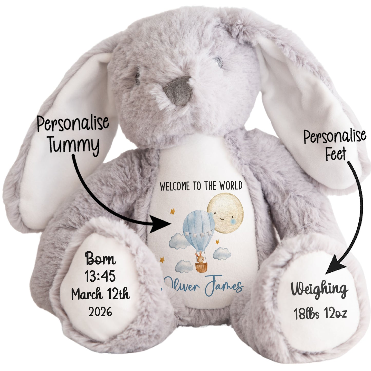 Gray plush bunny with customizable text on a white background STOCK-BUNNY-GREY