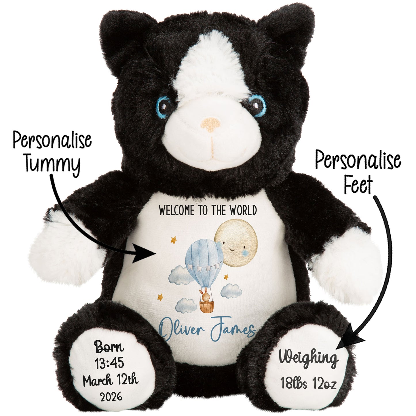 Black and white plush toy with customizable text on a white background STOCK-CAT