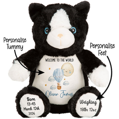 Black and white plush toy with customizable text on a white background STOCK-CAT