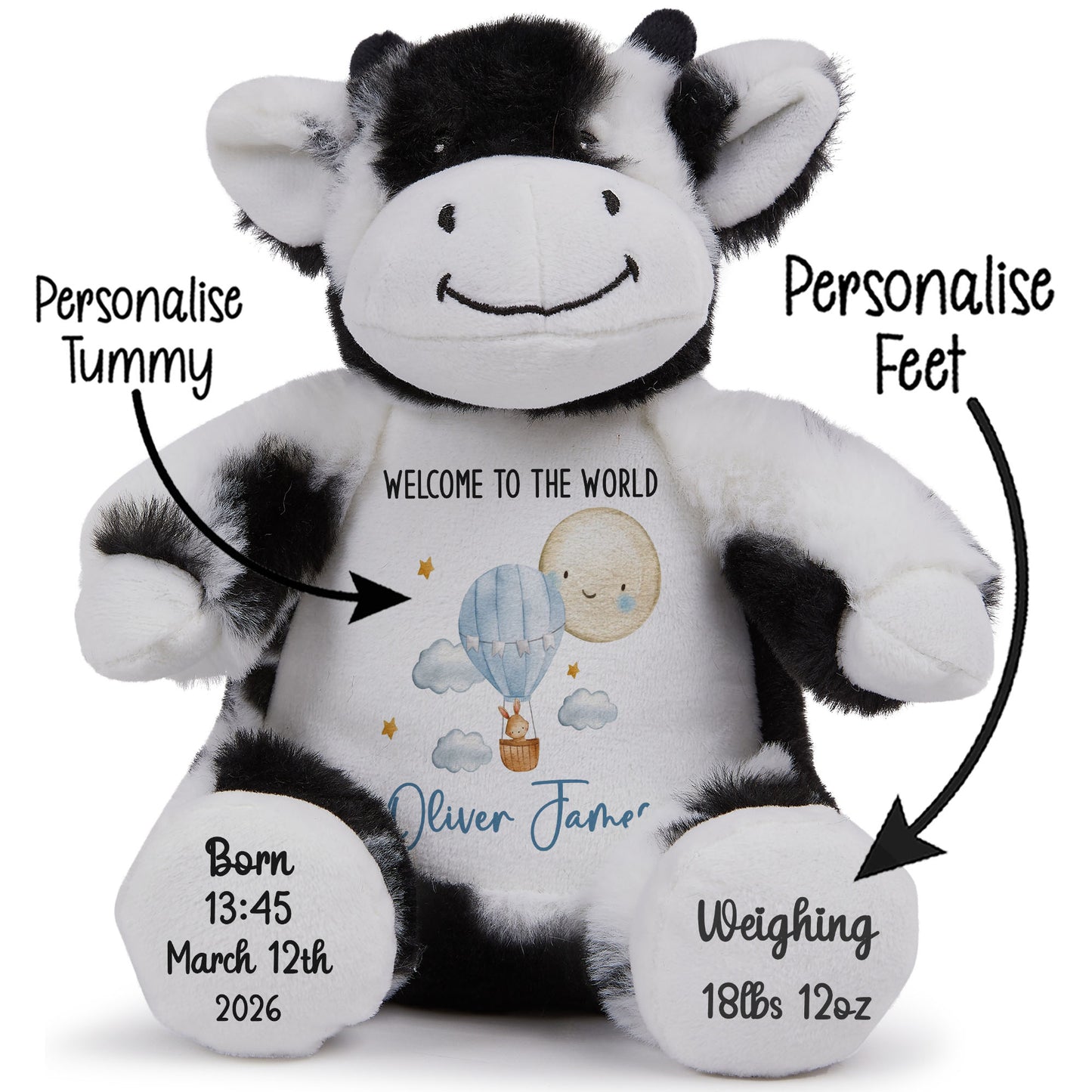 Black and white cow plush toy with personalized text on a white background STOCK-COW
