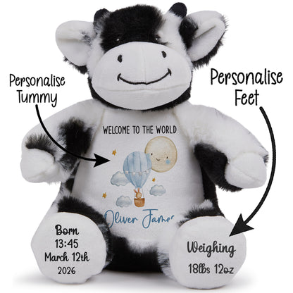 Black and white cow plush toy with personalized text on a white background STOCK-COW