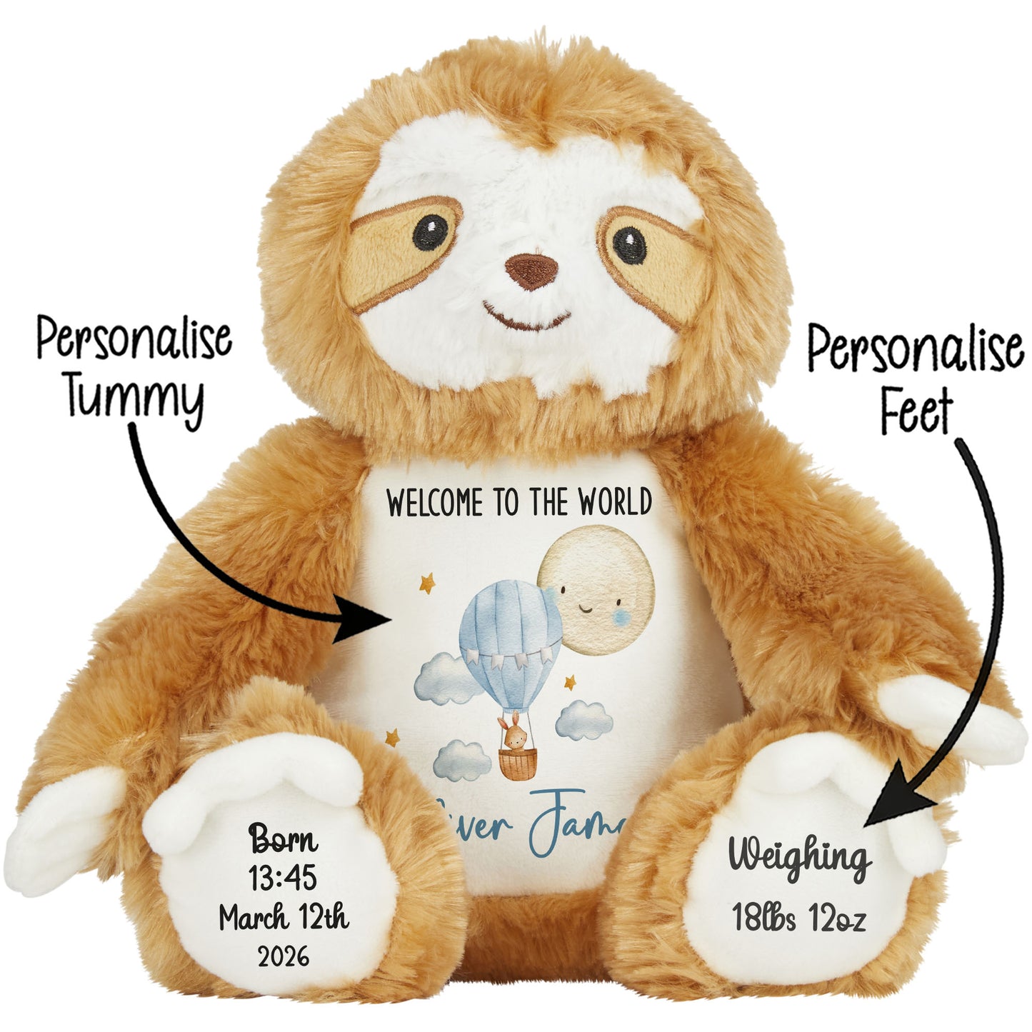 Plush toy with customizable text on a white background STOCK-SLOTH