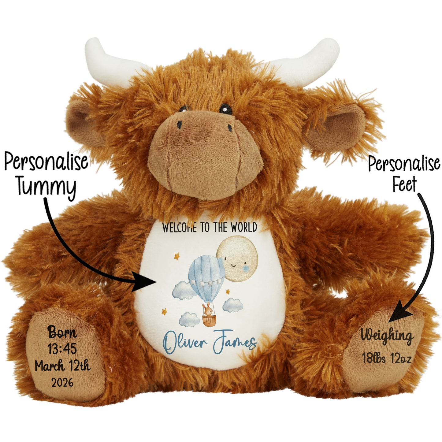 Plush toy Highland cow with personalized details on a white background STOCK-HIGHLAND-COW