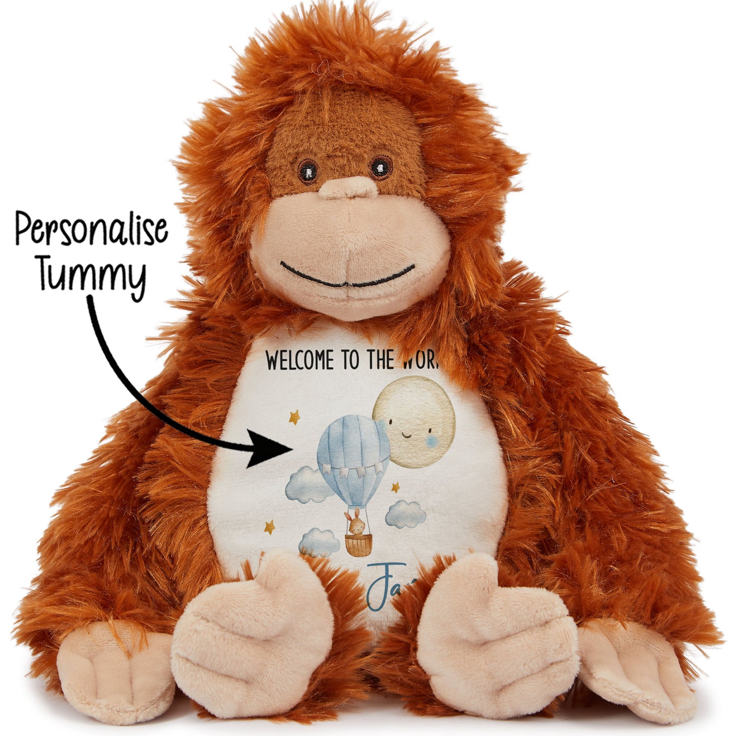 Stuffed monkey toy with a customizable message on its belly against a white background STOCK-ORANGUTAN