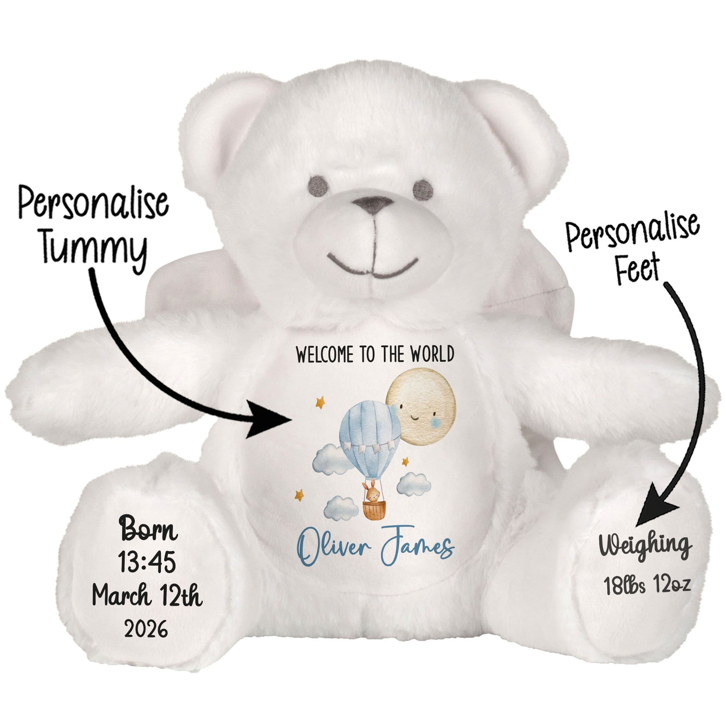 White teddy bear with personalized text and graphics on a white background STOCK-ANGEL