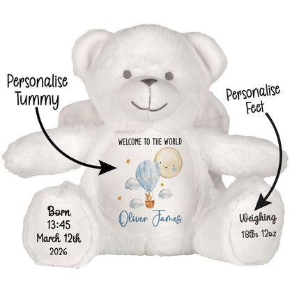 White teddy bear with personalized text and graphics on a white background STOCK-ANGEL