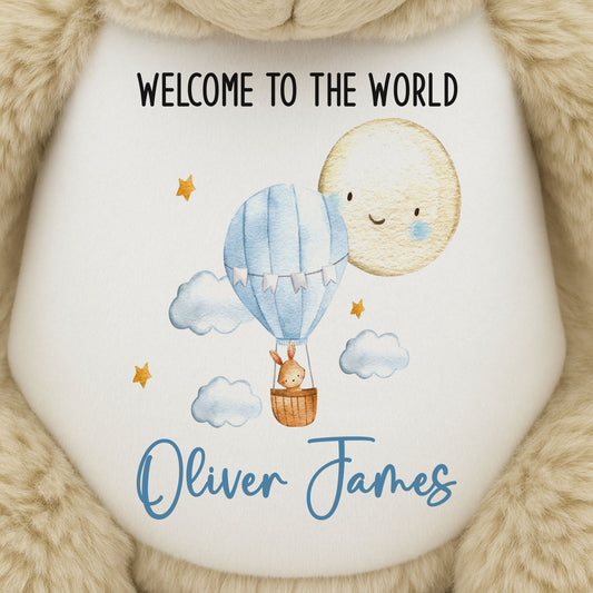 Blue Balloon & Moon New Baby Boy Personalised Teddy Bear