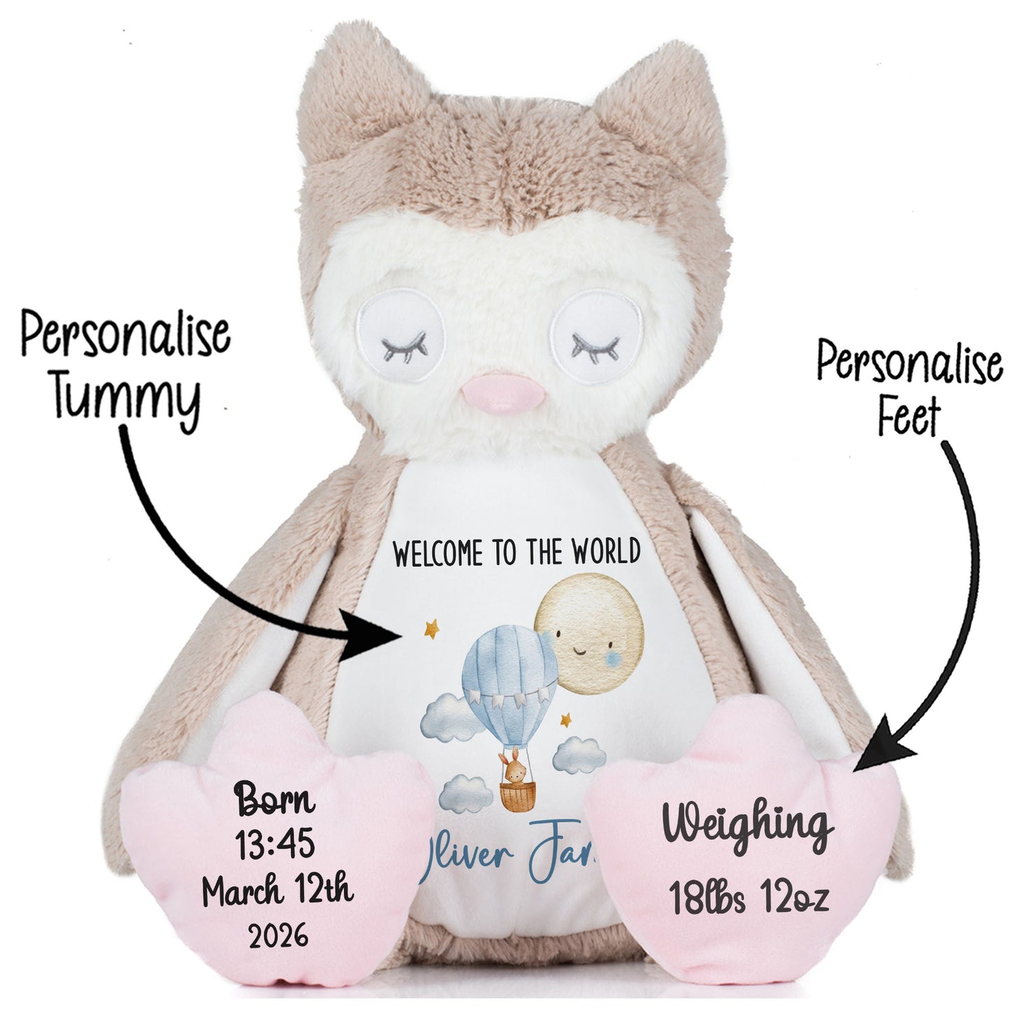 Plush toy with customizable text on a white background STOCK-OWL