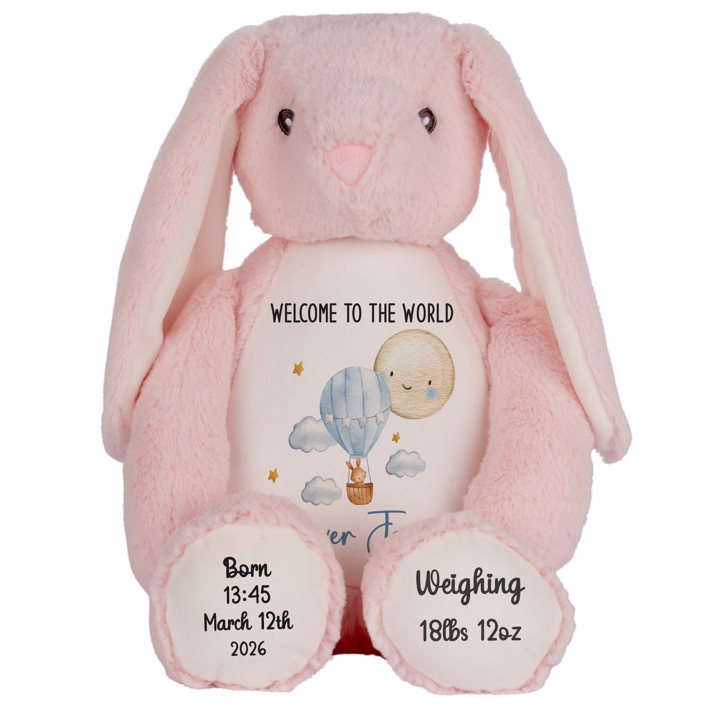 Pink plush bunny with baby information text on a white background