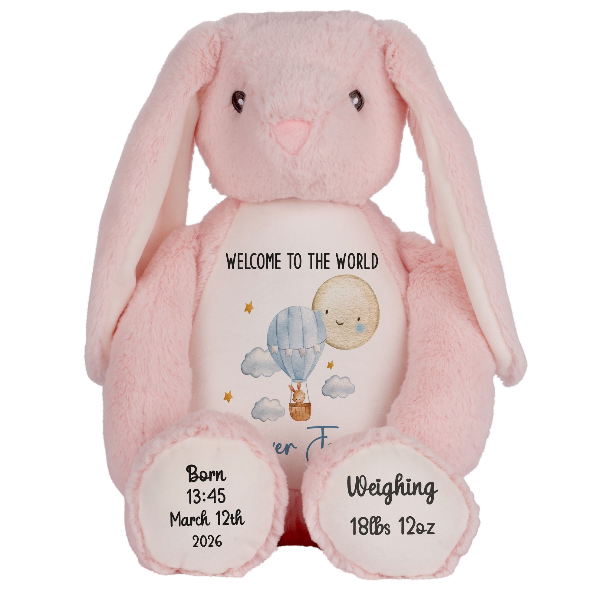 Pink plush bunny with baby information text on a white background