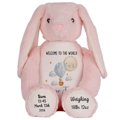 Pink plush bunny with baby information text on a white background
