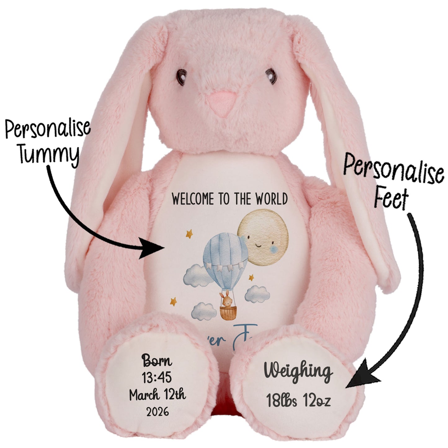 Pink plush bunny with customizable text on a white background STOCK-BUNNY-PINK